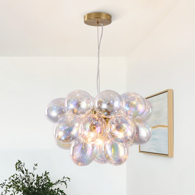 Lustre moderne en laiton 4 lumières avec abat-jour ovales en verre iridescent
