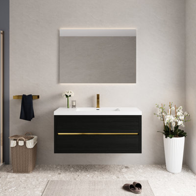 Meuble-lavabo flottant mural de 48 po avec lavabo, comptoir en résine de pierre, bois, tiroirs à fermeture en douceur préassemblés, maximise le rangement dans la salle de bain, utilisation sécuritaire du tiroir