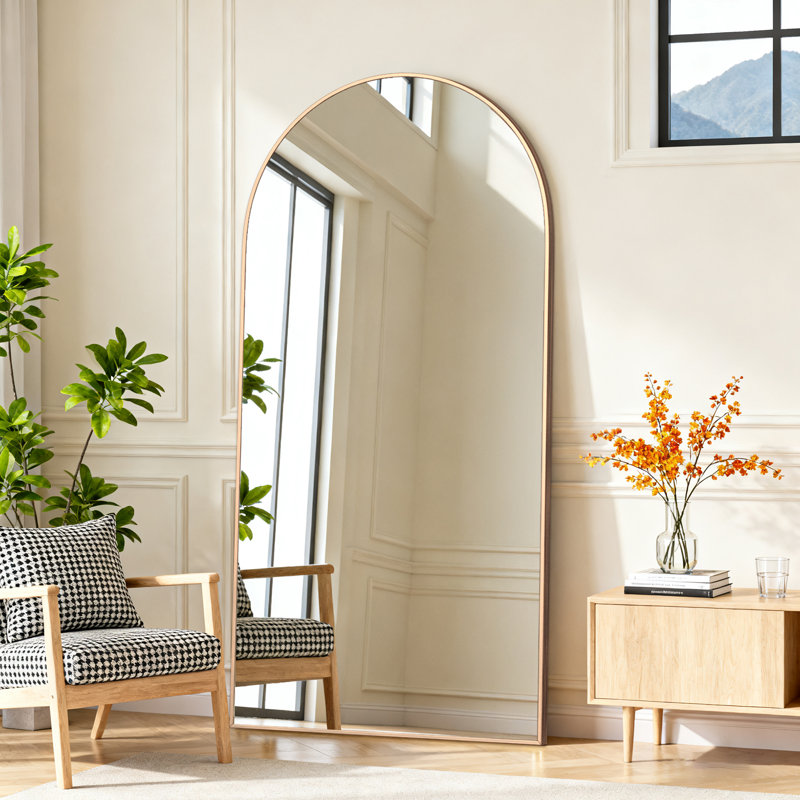 Malesha Large Modern Full Length Arched Aluminum Alloy Framed Floor Mirror, 71" H x 28" W, Brushed Gold