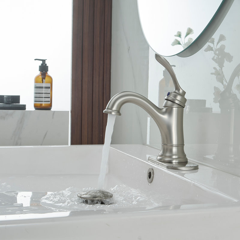 Robinet pour salle de bain à poignée simple avec drain, Nickel brossé