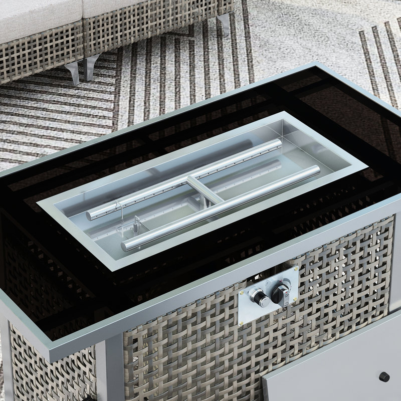 60000 Open Weave Propane Gas Fire Pit Table, 43", Grey Color, With Removable - Rust Lid And Glass Wind Guard For Patio Deck Garden 43" Rectangular , Blue Stones, Tempered Guard, 20Lbs Storage Outdoor