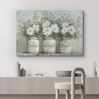 Bottled Plant Thankful Grateful Blessed Inspirational Green Floral Rustic Mason Jar Large Canvas Print Wall Art