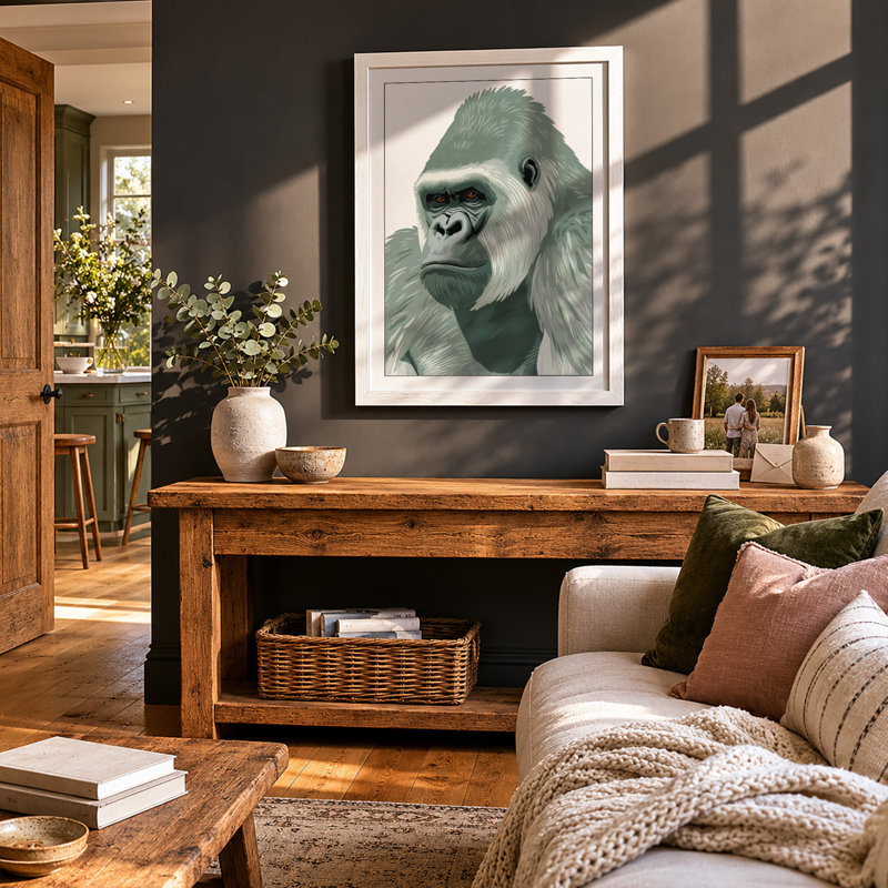 Silverback Gaze Minimalist - Framed Print, A2 - 59.4 x 42.0 cm, White