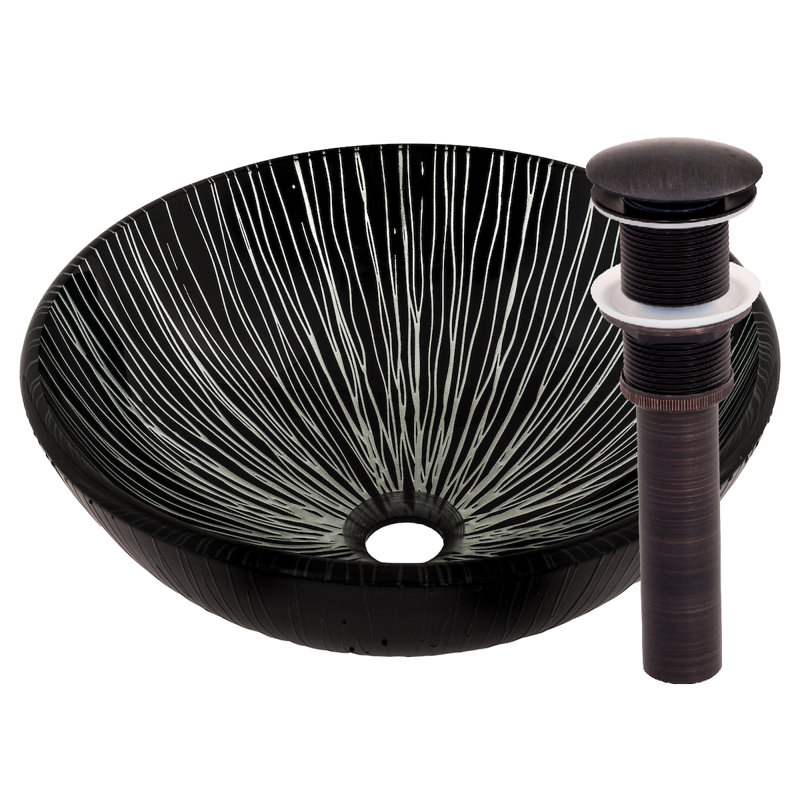 Novatto 16.5'' Black Glass Circular Bathroom Sink, Oil Rubbed Bronze