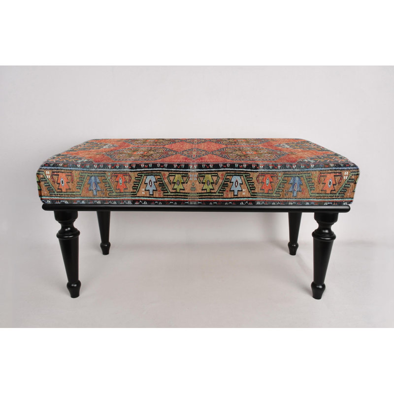 Cotton Upholstered Bench, Black, 45cm H x 90cm W x 45cm D