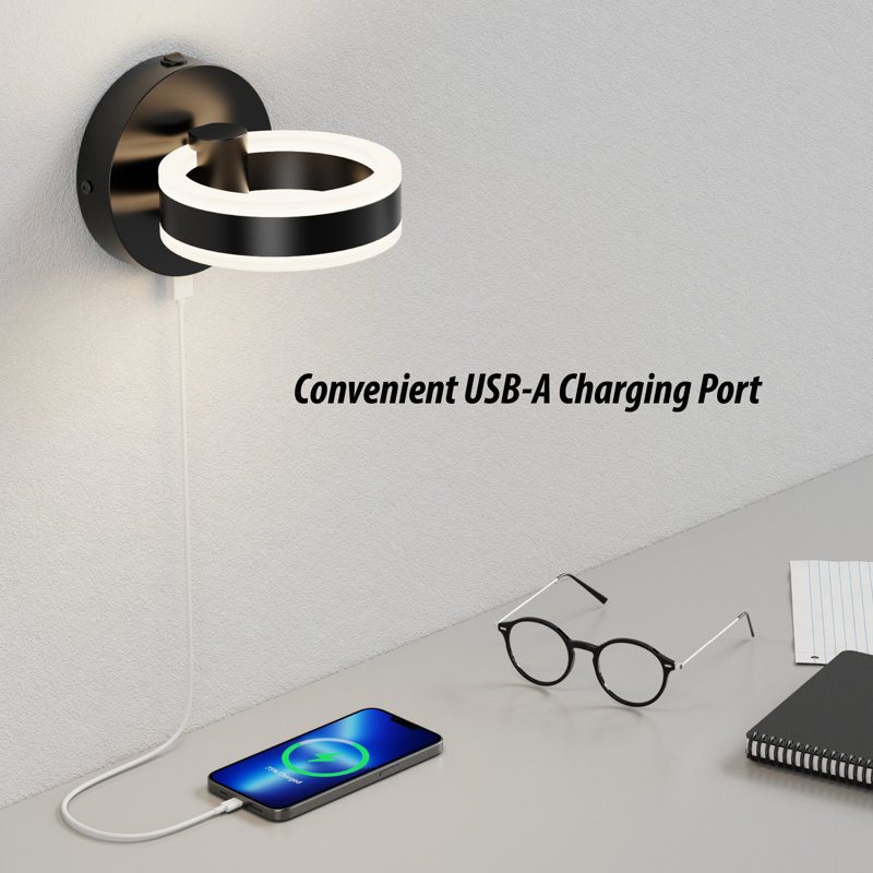 Ghian LED Sconce with Built-in Switch and USB Charging Port, Black