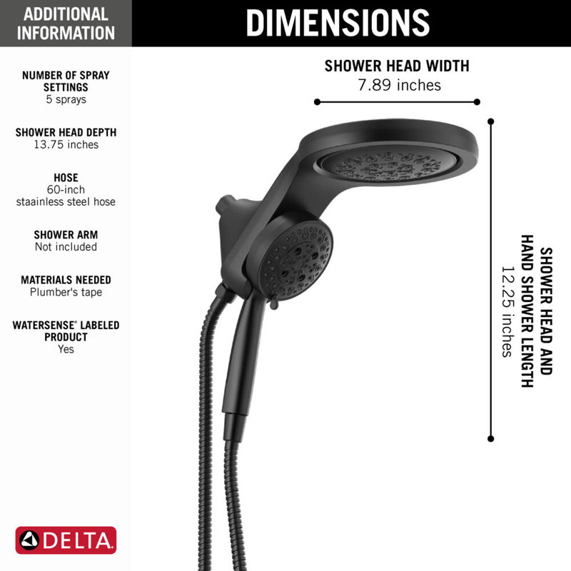 Pomme de douche à double jet 5 jets et douche à main avec H2Okinetic 2,5 GPM Delta HydraChoice Hydrorain, Noir mat