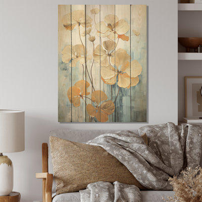 «Golden Blue Geraniums Bloom I - Geraniums», art mural sur bois de pin naturel