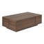 Table basse rectangulaire à plateau coulissant double avec rangement caché et deux tiroirs, idéale pour organiser vos essentiels de salon