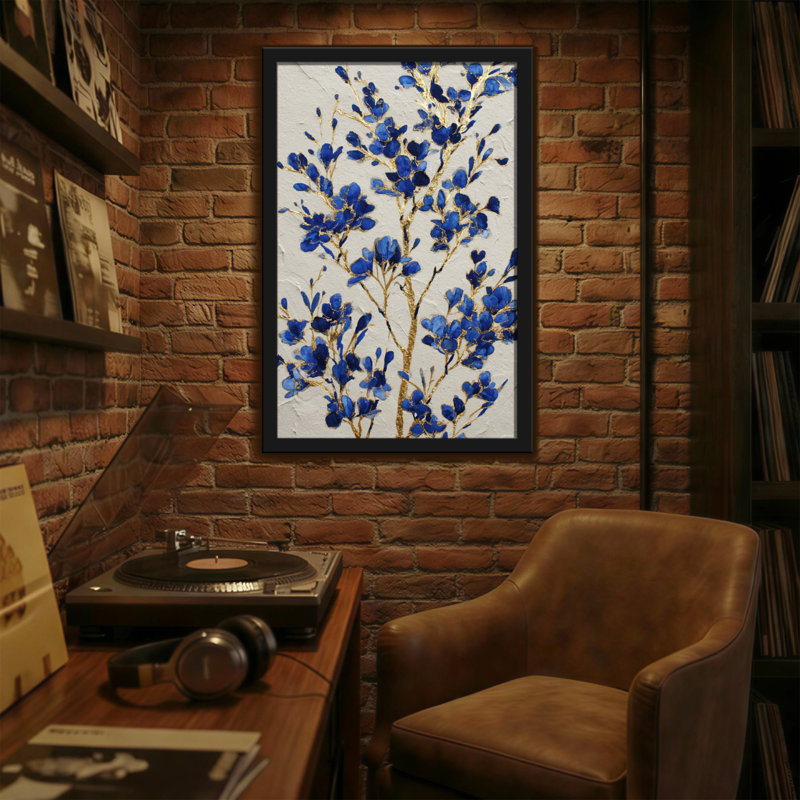 Plantes et fleurs Fleurs bleues avec branches dorées sur fond blanc, H 24 po x l 16 po