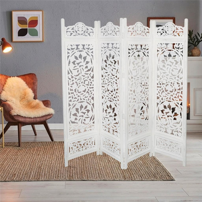 Beheshta 200cm W x 180cm H 4 - Panel Folding Room Divider, White