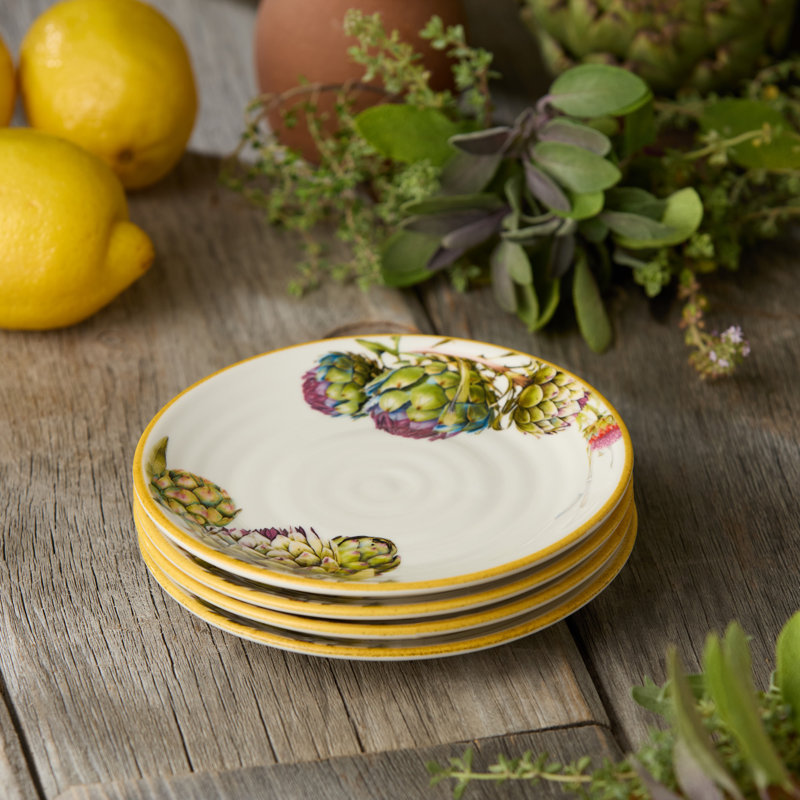 Ensemble de 4 assiettes canapés Verdura de 6 pouces - Assiettes, tapas, pain et desserts en grès artichaut et fines herbes - Vaisselle de jardin rustique italienne