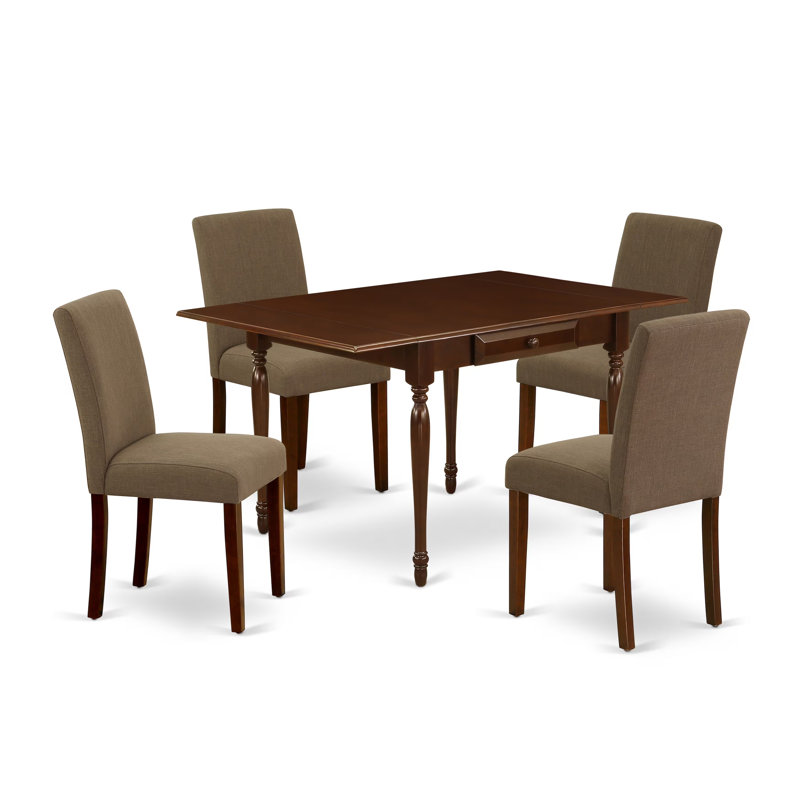 L'ensemble de salle à manger 5 pièces comprend une table de salle à manger rectangulaire avec Dropleaf et 4 chaises Parson rembourrées en tissu de café, acajou
