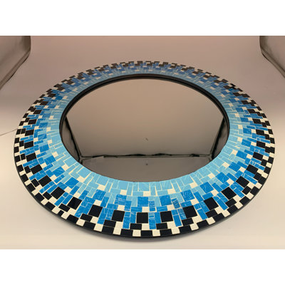 Pekalongan Mosaic Mirror, Wall Art Décor – Handcrafted Decorative Wall Mirror, Blue, White, and Black Mosaic Mirror, 24” Frame, 15" Round Mirror for Hallway, Bedroom, Bathroom, Living Room