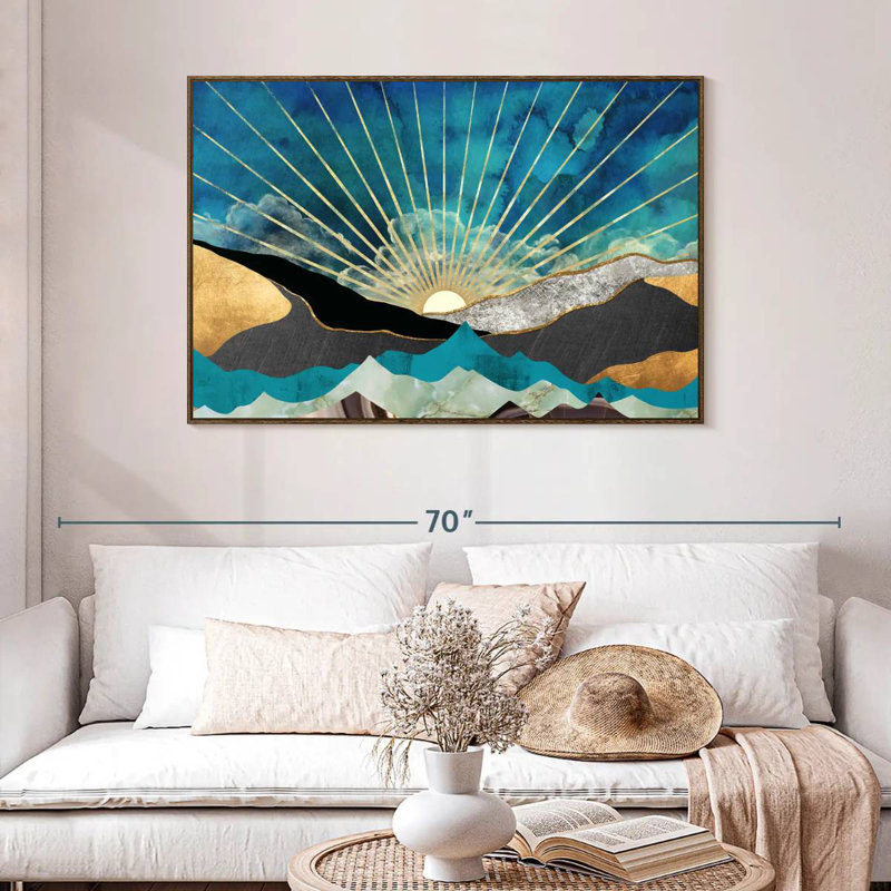 Lever de soleil abstrait, 46 po x 31 po, Cadre flottant en noyer