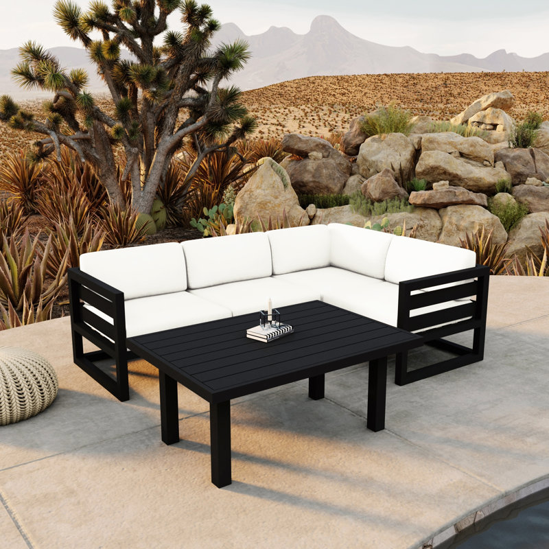 Smith 4 - Person Modular Patio Conversation Set with Cushions, Black, Canvas Natural Sunbrella® Canvas
