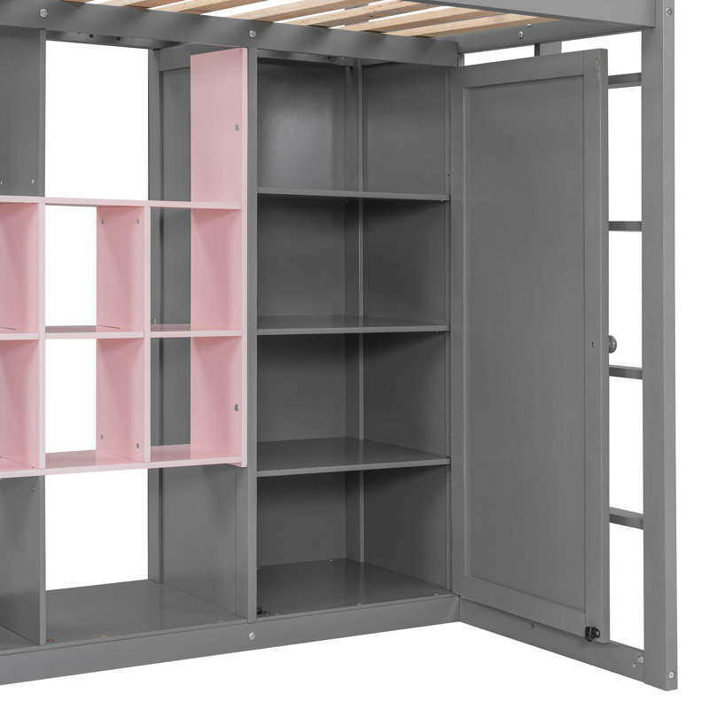 Lit mezzanine simple pour enfants avec garde-robe, Rose / Gris