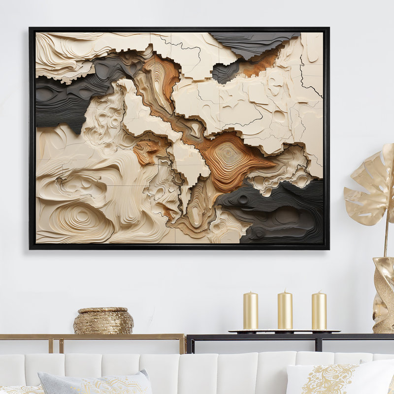 Collage de rivière africain beige et brun - formes abstraites, impression sur toile - sans texture, H 16 po x l 32 po, Noir