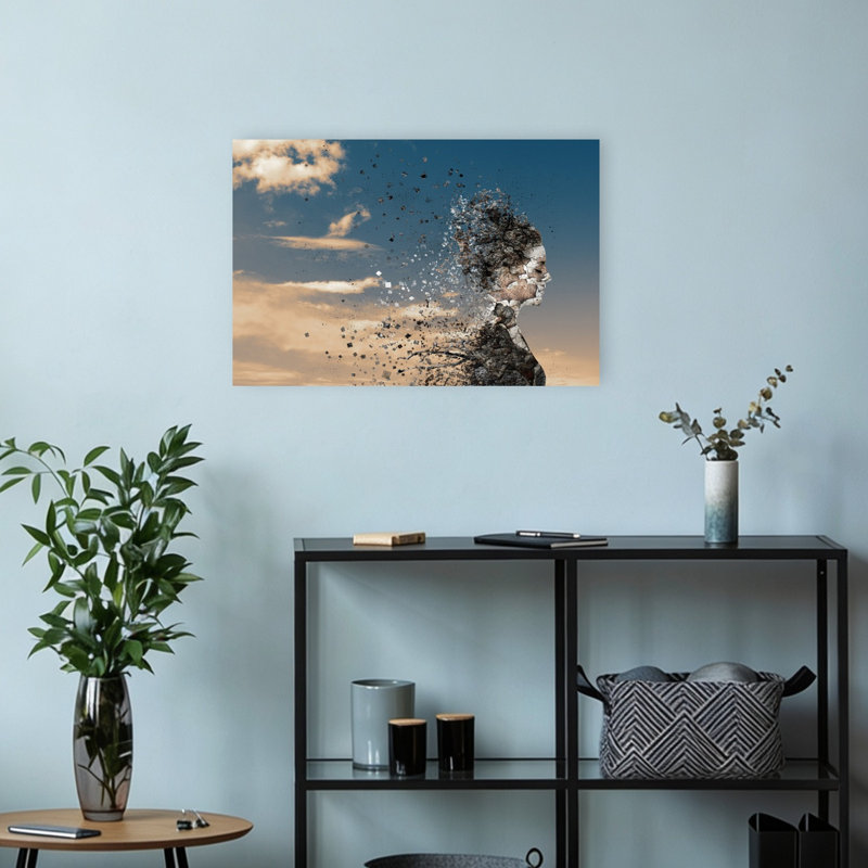 Dissolving Woman Profile Abstract Surreal Contemporary Portrait Landscape Wall Art Print 1 Piece Wrapped Canvas Wall Art