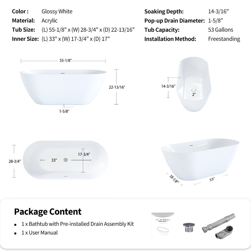 Baignoire autoportante en acrylique blanc brillant de 55 pouces, à immersion profonde, dotée d'un design contemporain indépendant et d'un trop-plein intégré, pour un confort optimal dans la salle de bain grâce à ses pieds ovales réglables.