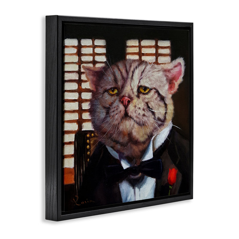 "Tuxedo Adorned Cat", art mural sur toile flottante noire, design par Lucia Heffernan, Cadre flottant noir de jais