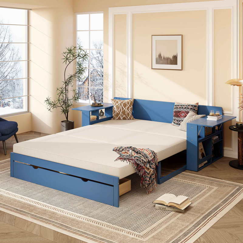 Lit de jour avec bureau amovible, tiroirs de rangement et table d'appoint hydraulique, Bleu, Grand lit