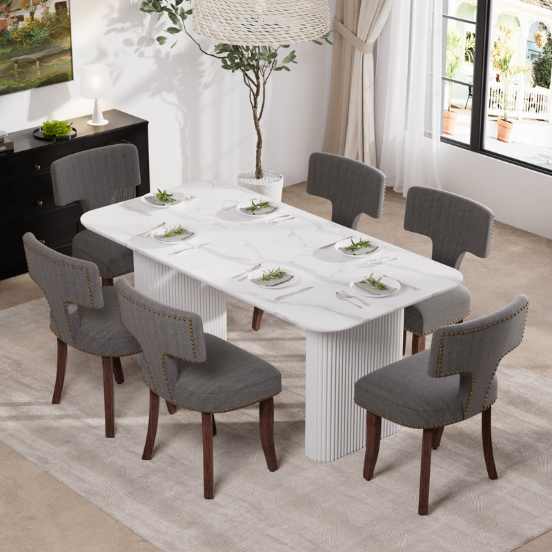 Ensemble de salle à manger rectangulaire en bois avec chaise rembourrée, 7, Gris