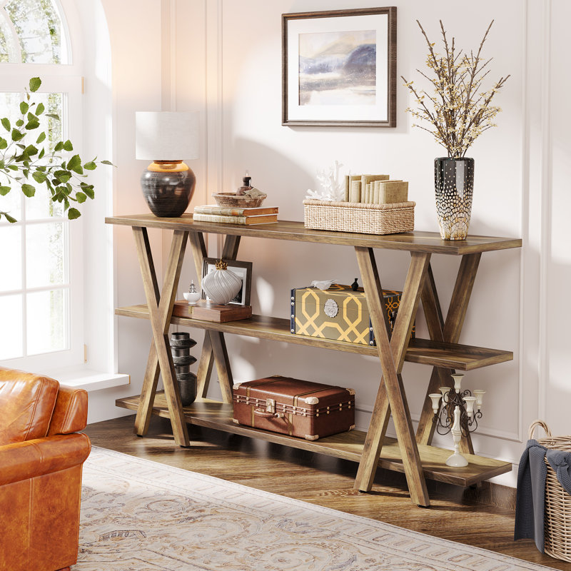 Aranda 70'' Console Table with 3 Open Storage Shelves X Shaped Legs