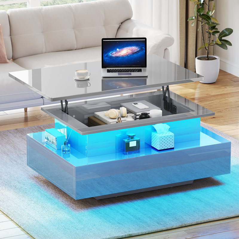  High Gloss Coffee Table With Drawer, Living Room Table Height Adjustable With 16 Colour LED, Grey