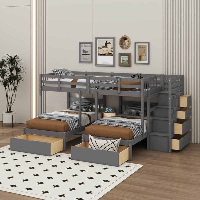 Lit superposé double au-dessus de simple et double en bois, avec rangement intégré et rails de protection, gris