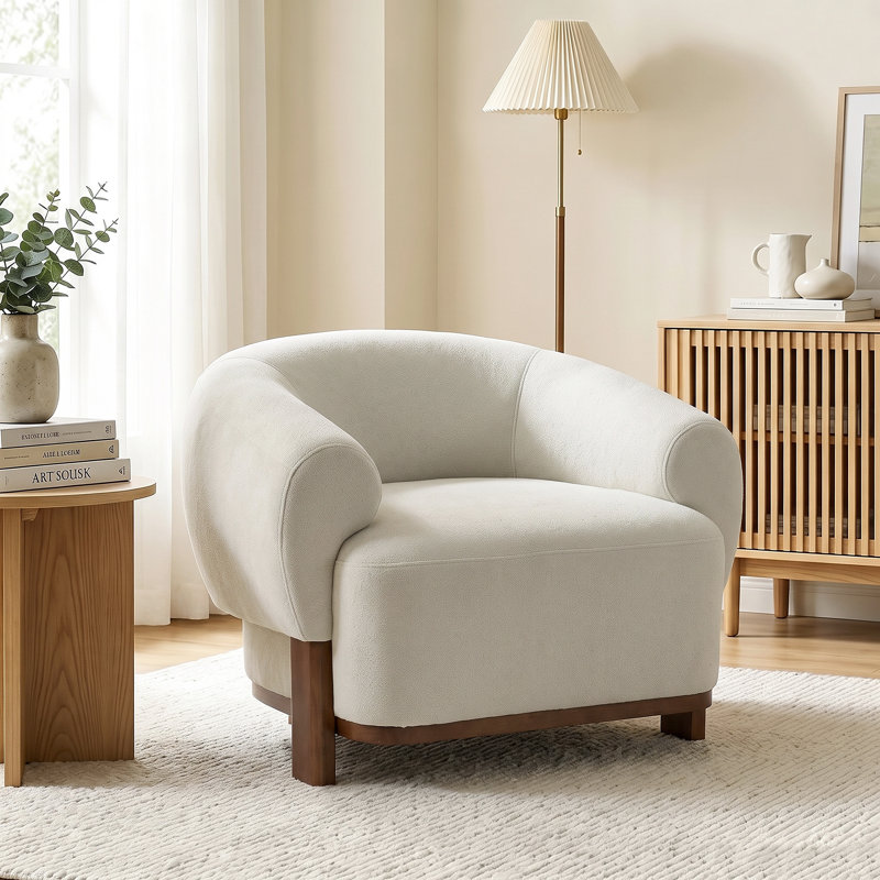 Chaise d'appoint rembourrée moderne avec pieds en bois massif, fauteuil en tonneau en tissu pour salon, chambre à coucher