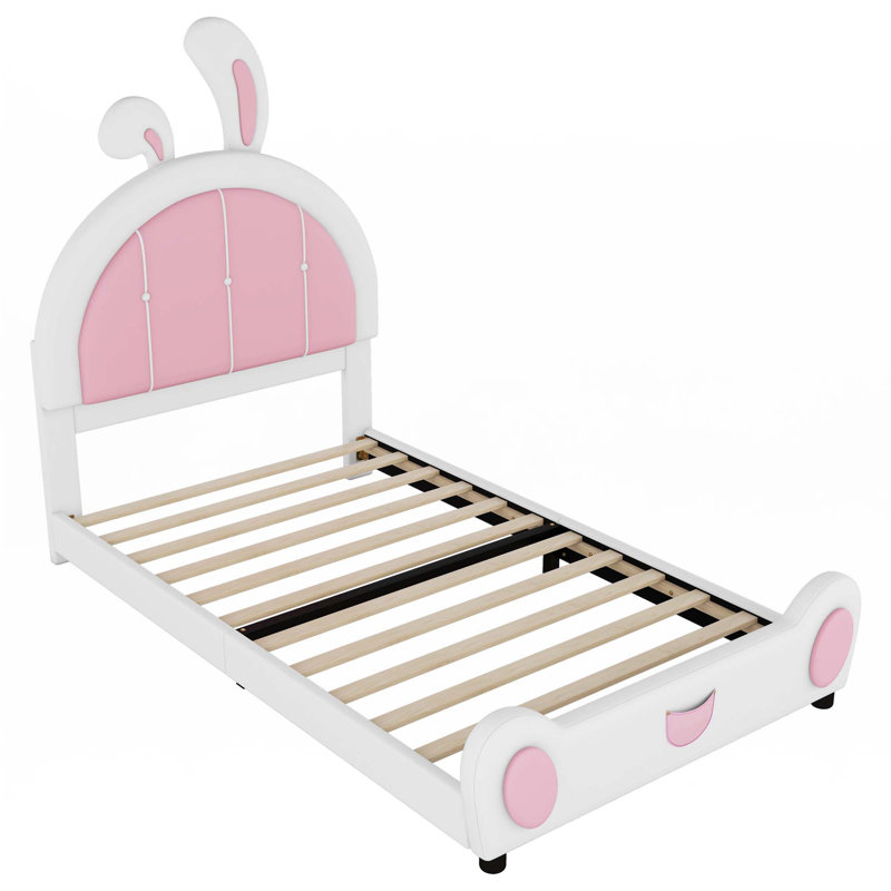 Lit plateforme simple tapissier avec tête de lit en forme de lapin, Blanc