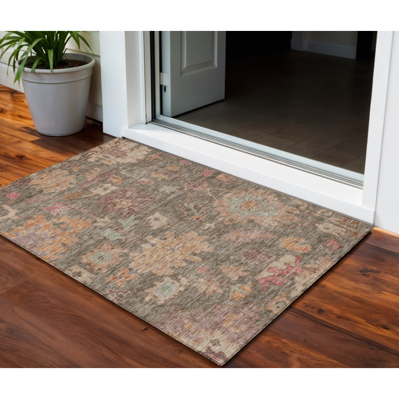 Tapis d'intérieur floral 3 po x 5 pi brun clair et brun terre cuite lavable