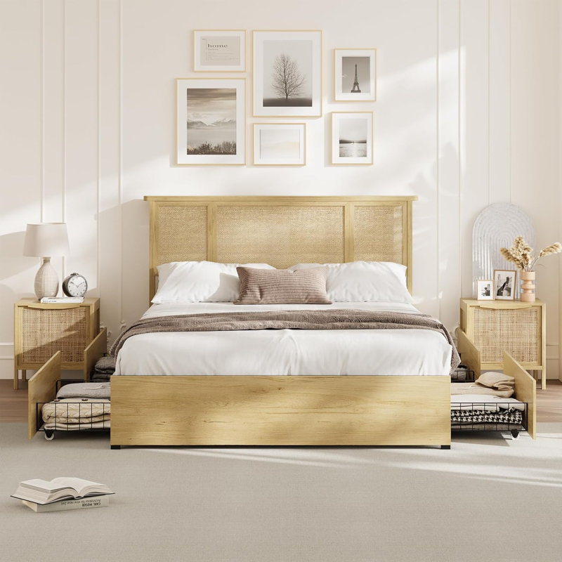Lit plateforme en rotin avec tête de lit Boho