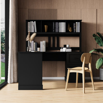 Bureau de bureau antique noir antique, tablette ouverte à 2 niveaux, 2 grands tiroirs, nombreuses options de rangement, plateau supérieur lisse