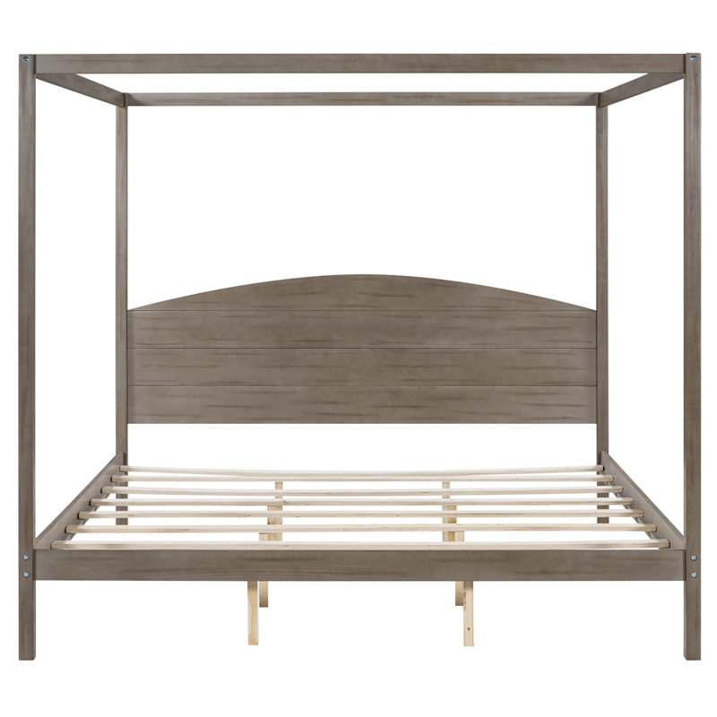 Très grand lit plateforme à baldaquin avec tête de lit et pieds de soutien, gris délavé , Grey