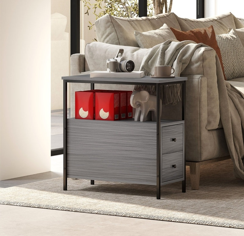 Grey Wood Grain Industrial End Table, Narrow Bedside Side Table with 2 Drawers and Storage Shelf, Sturdy Metal Frame for Compact Areas