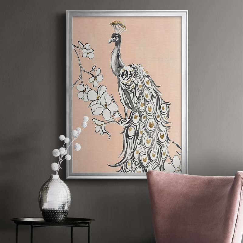 Paon en or II, impression sur papier encadrée, H 36,5 po x l 26,5 po x P 1 po, Argent