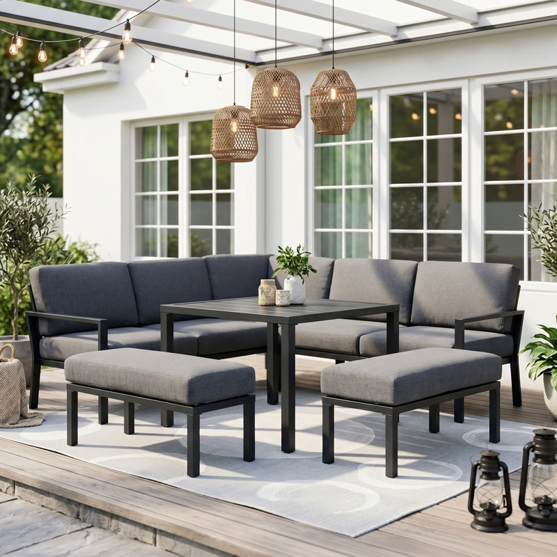 8-Piece Outdoor L-Shaped Sectional Seating Set With Dual Ottomans And Dining Table