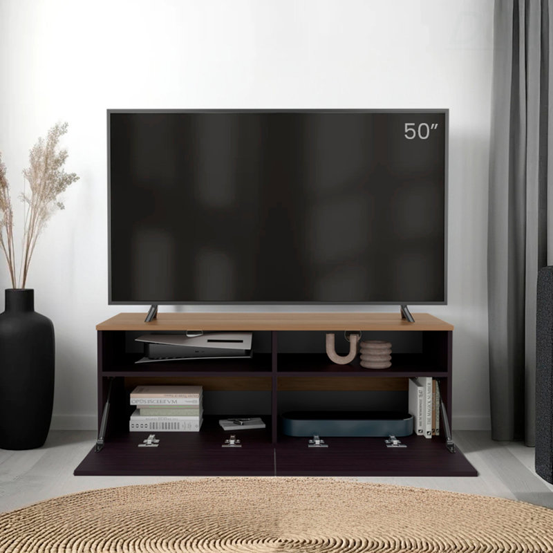 Meuble télé avec porte et rangement ouvert, meuble télé