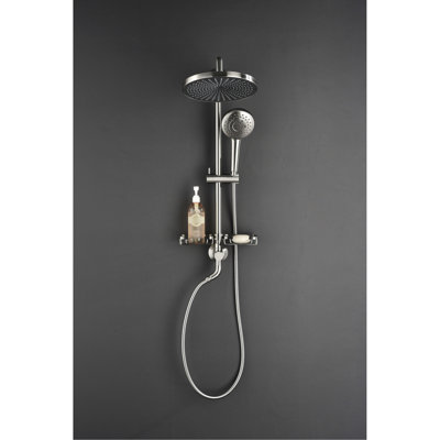 Shower Compilation Incorporating 10" Rain Showerhead, 4 Hand Shower, Adjustable Slide Bar And Soap Dish In Brushed Nickel Configuration With Natural