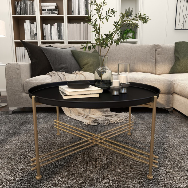 Metal Tray Top Black Coffee Table with Gold X-Shaped Base