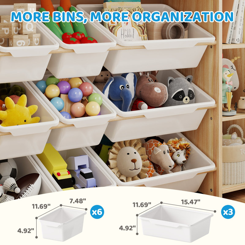 Étagère à livres et rangement pour jouets pour enfants à 3 niveaux avec 9 bacs, fini pin naturel