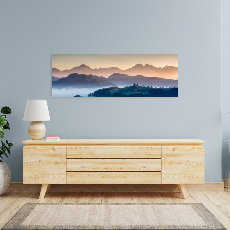 «Misty Mountain Church Sunrise Dreamy Peaceful Serene Forest Landscape», art mural, H 16 po x l 48 po
