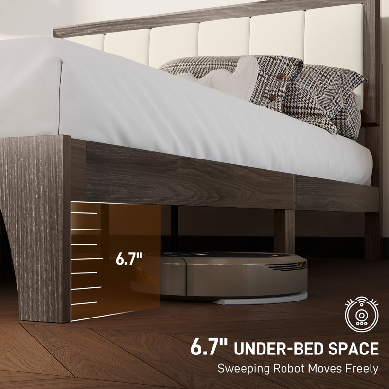 Bed Frame With Upholstered Headboard, Platform Bed Frame With Wooden Slats, No Box Spring Needed, Easy Assembly, Brown