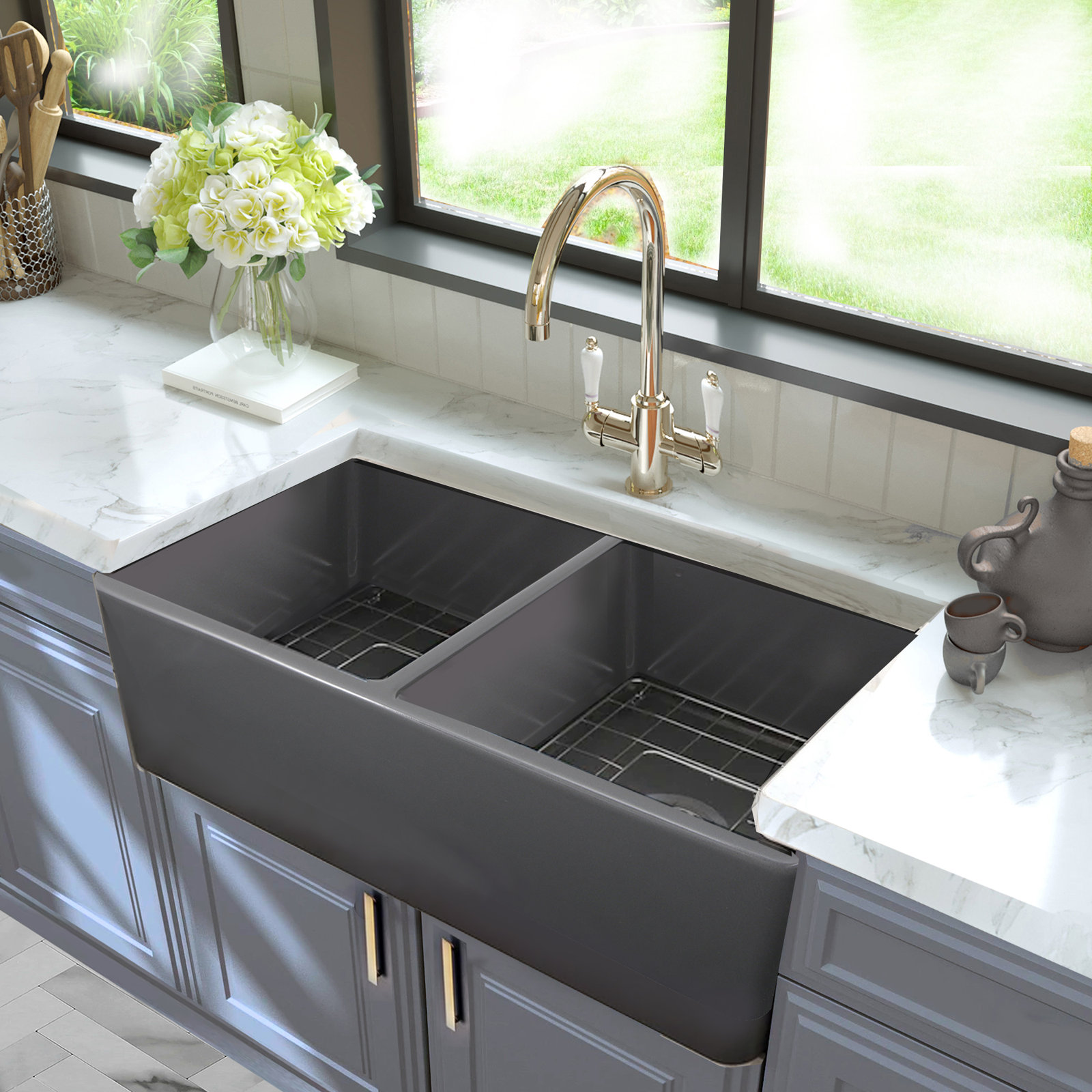 Marisol 33" Double Basin Farmhouse Sink, Bluff Gray