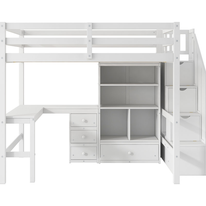 Lit mezzanine double blanc avec bureau en forme de L, tiroirs utiles, armoire et escalier de rangement spacieux de style moderne