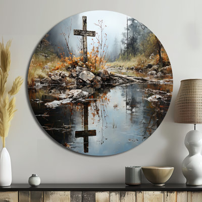 Croix religieuse, reflet divin, paysage II - art spirituel rond en métal