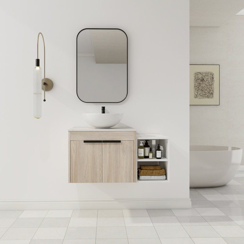 Meuble-lavabo flottant de 36 po au design moderne avec lavabo d'art en céramique, dalle de pierre plate blanche et petites tablettes de rangement, porte à fermeture douce, ensemble KD, meuble-lavabo de salle de bain