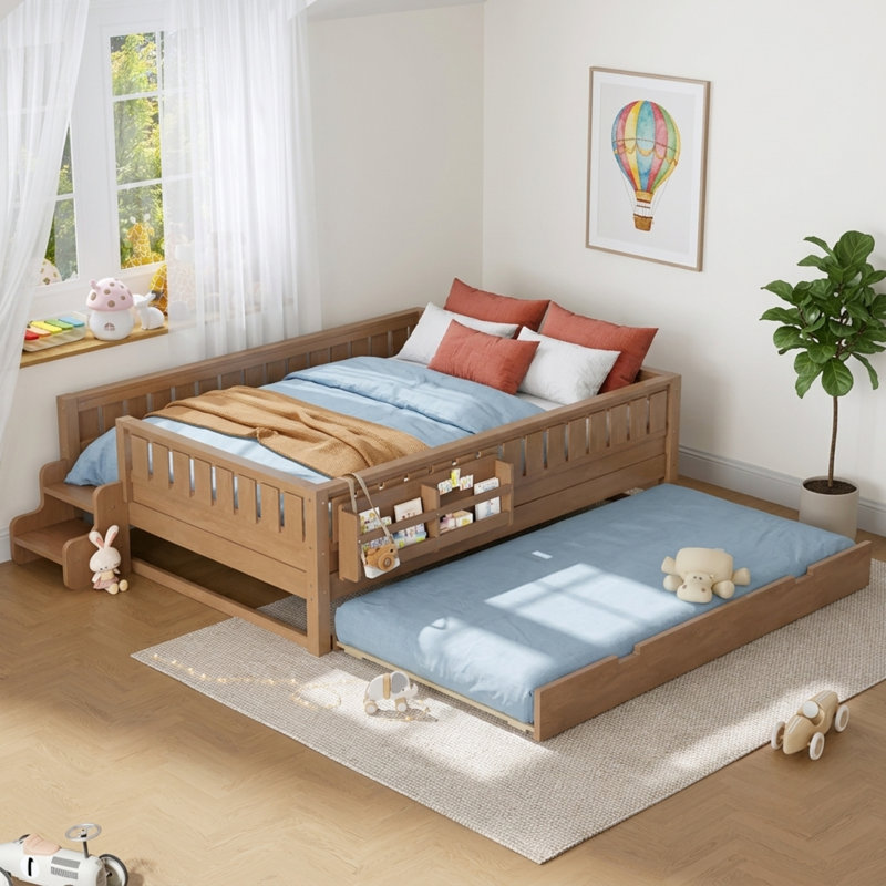 Lit pour enfant en bois massif avec lit gigogne, bibliothèque intégrée et petit escalier, lit pour tout-petit Safe Guardrail